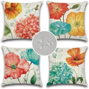 Summer Outdoor Pillow Covers 18x18 Waterproof Set Of 4 Hydrangea And Lotus Flora - Picture 1 of 4