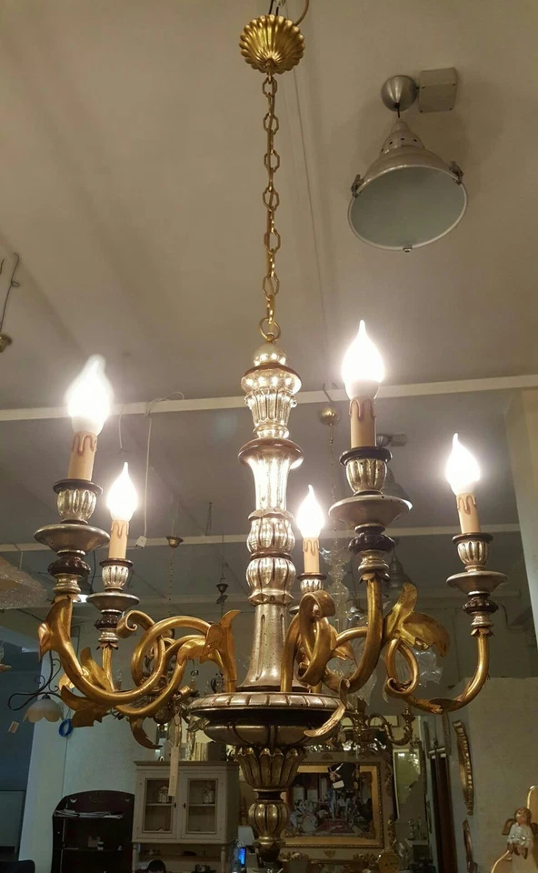 BRISTOL LAMPADARIO SOSPENSIONE IN LEGNO NOCE ARGENTO E ORO 5 LUCI DA SOFFITO - Immagine 1 di 1