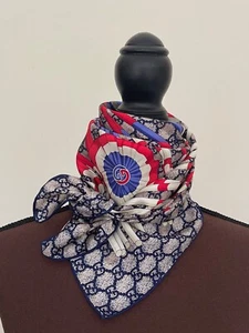 New Unisex Gucci Scarf GG Logo Club Blue Red White WEB Silk Wrap with Gucci Box - Picture 1 of 14