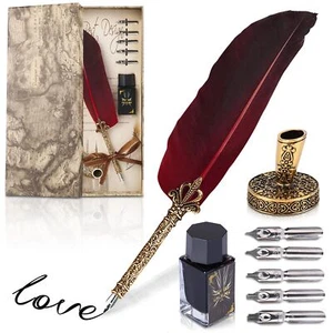 Feather Quill Pen and Ink Set - Calligraphy Dip Pen Antique Feather Pen Set - Picture 1 of 9
