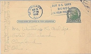 USA 1938 SLOGAN CANCEL "BUY US SAVINGS BONDS ASK YOUR POSTMASTER" POSTCARD #4 - Picture 1 of 1
