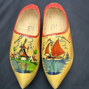 Vintage Authentic Wooden Dutch Clogs Sailboat/ Windmill Holland 9" Size 18 - Picture 1 of 12