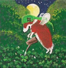 4X4 PRINT OF  PAINTING RYTA PEMBROKE WELSH CORGI ST PATRICKS DAY CLOVER FOLK ART