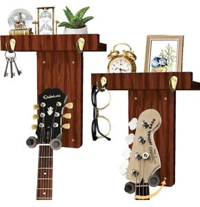 Aiwell Guitar Wall Mount With Shelf And Hooks- Set Of Two