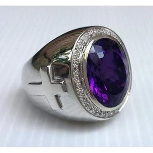 Simulated Amethyst Oval Cut Vintage Men's Bishop Wedding Ring Sterling Silver925 - Picture 1 of 3