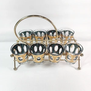 Vintage Mid Century Culver PISA Muster 22k Gold 8er Set Schnapsgläser & Caddy - Bild 1 von 8