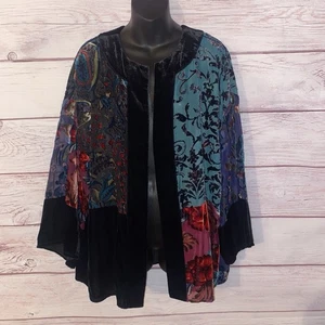 Top kimono Chicos Travelers donna L/XL velluto burnout nero patchwork blu rosso - Foto 1 di 10
