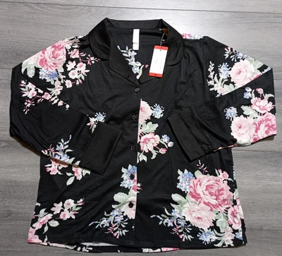 FN by Flora Nikrooz Pajama Shirt Buttons Collar Womens Medium Black Floral - Image 1 of 4