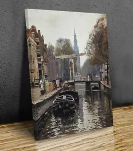An Amsterdam Canal by Heinrich Hermanns, mounted canvas print  or print only - Picture 1 of 9