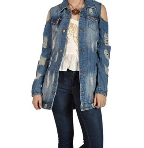 Riva Curve Distressed Jean Jacket Cold Shoulder Denim Size M - Picture 1 of 11