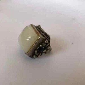 China Antique Rings Chinese Retro Craft Made Old Tibetan Inlaid White Jade Ring - Picture 1 of 21