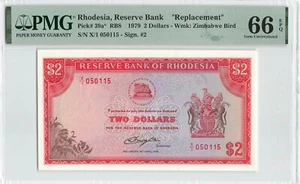 RHODESIA $2 Dollars 1979, P-39a* REPLACEMENT X/1, (10.4.79), PMG 66 EPQ Gem UNC - Picture 1 of 2