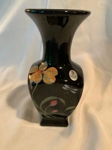 Fenton Art Glass Don Fenton Signature 2002 Hand Painted Black Glass Vase - Picture 1 of 11