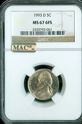 1993 D JEFFERSON NICKEL NGC MS67 6FS PQ MAC FINEST REGISTRY RARE SPOTLESS * - Image 1 of 2