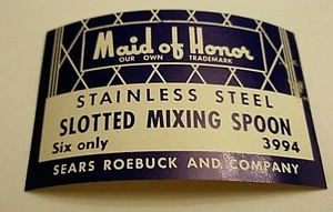 Vintage Maid of Honor Slotted Mixing Spoon Label Sears Roebuck New - Imagen 1 de 2