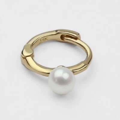 14k Solid Gold Tiny Pearl Hoop Earring, Helix Cartilage, Huggie, Minimalist - Image 1 of 4