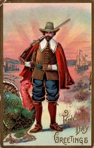 CARTOLINA RINGRAZIAMENTO TACCHINO GOBBLER PELLEGRINO CON NAVI CANNONIERE IN RILIEVO - 1909 - Foto 1 di 2
