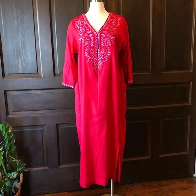 Oscar de la Renta Mujer XL Rojo Bordado Cremallera Bata Caftán Algodón Bolsillos Foto 1 de 4