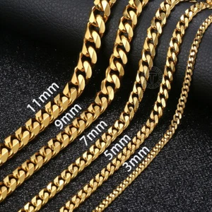 14K Gold Plated Stainless Steel Cuban Curb Chain Necklace Bracelet 3/5/7/9/11mm  - Picture 1 of 28