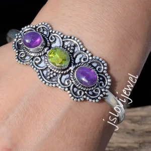 Faceted Peridot, Amethyst Gemstone 925 Sterling Silver Cuff Bangle Birthday Gift - Picture 1 of 5