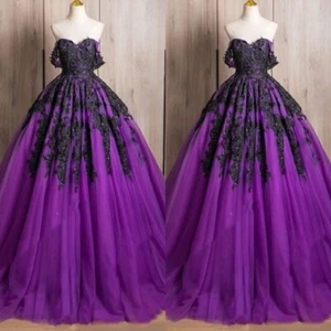 Purple Gothic Wedding Dresses Off Shoulder Lace Appliques A Line Bridal Gowns - Picture 1 of 9