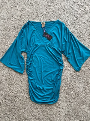 Dress Sz L Midnight Velvet Blue Statement Open Sleeve  Stretch Shirring Occasion - Image 1 of 4
