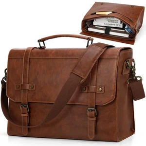 Mens Messenger Bag 17 Inch Waterproof Vintage Leather Laptop Briefcase Large ... - Picture 1 of 8