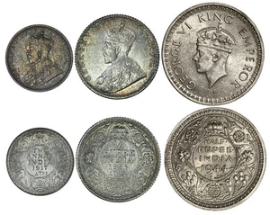British India Silver UNC Set 2 Annas 1917, ¼ Rupee 1936, ½ Rupee 1944 (3 pcs) - Picture 1 of 3