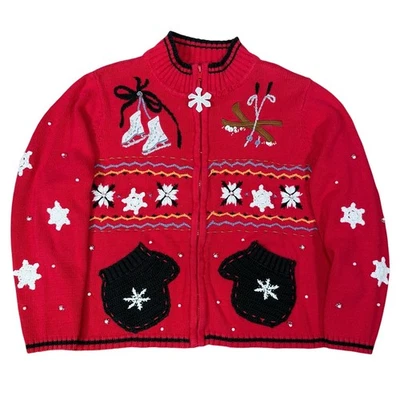 Mujer Navidad Cremallera Suéter Chaqueta Rojo Bordado Copos de Nieve Mitones Patines L Foto 1 de 4