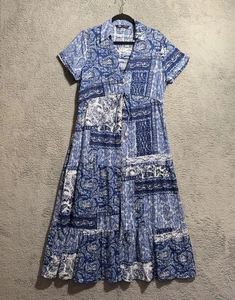 ZARA Dress Women Large Blue Boho Print Button Down Short Sleeve Maxi Cottagecore - Picture 1 of 8