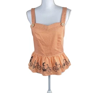 Anthropologie Knitted Dove Sleeveless Blouse Gingham Owls Bike Orange White RARE - Picture 1 of 11