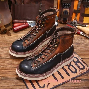 Men's Work Shoes Real Leather Cowhide Ankle Boots Retro Style High Top Autumn - Picture 1 of 19