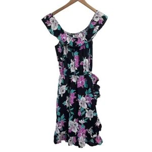 ROYAL CREATIONS VIntage Hawaii Dress Size M Muumuu Black Purple White Ruffle - Picture 1 of 7