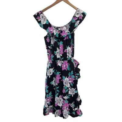ROYAL CREATIONS VIntage Hawaii Dress Size M Muumuu Black Purple White Ruffle - Image 1 of 4