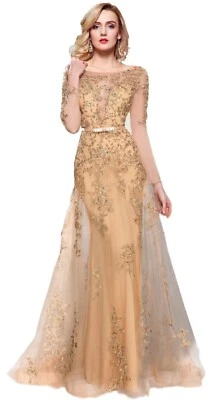 Formal Long Sleeves rhinestone beaded Embroidery Lace up Long Evening prom dress - Image 1 of 4