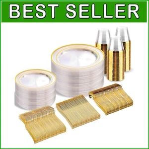 Complete Clear Gold Trim Dinnerware Set: 50 Plates, Cups & Silverware - 300 Pcs - Picture 1 of 10