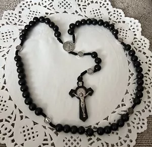 Black Wooden Christ Jesus Cross Religious Necklace Catholic Rosary - Picture 1 of 5