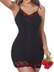 Camicia da notte nera sexy donna lingerie teddy babydoll pigiama slip dress taglia-M - Foto 1 di 8