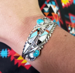 Bracciale Polsino Turchese Intarsio SAMPSON YAZZIE Artista Navajo Argento Sterling 6,25 - Foto 1 di 11