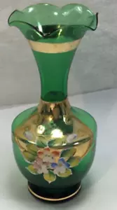 Jarrón bohemio vintage verde arte vidrio brote florero pintado a mano levantado floral - Imagen 1 de 5