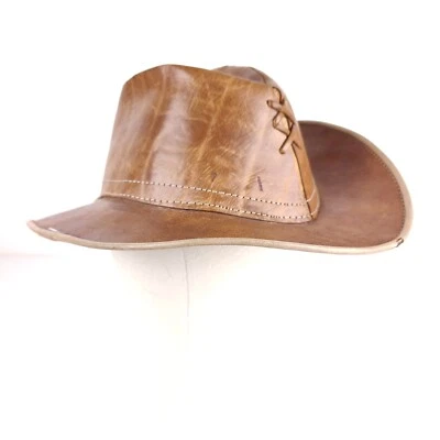 Vintage Hand Made Leather Fedora Style Hat - Leather Stitches  - Image 1 of 4