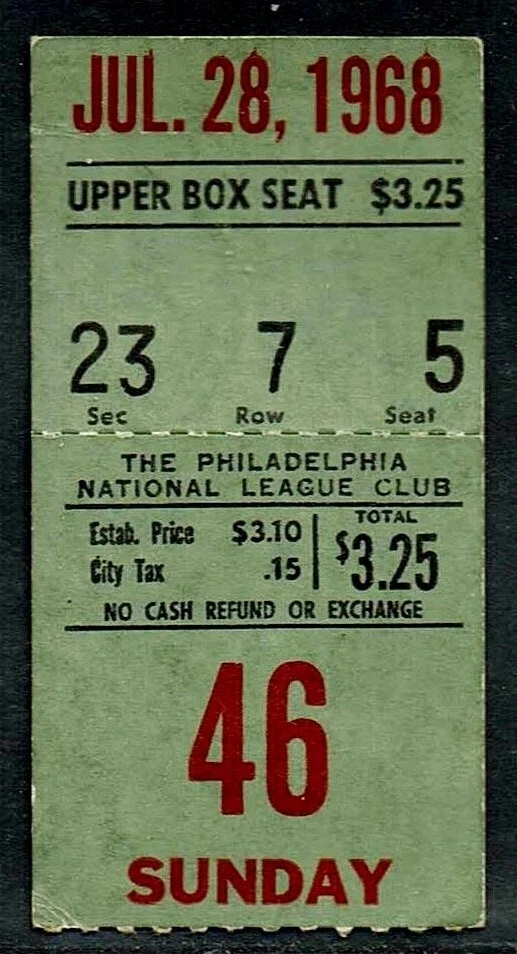 1968 DICK ALLEN RBI HANK AARON BASEBALL TICKET PHILLIES ATLANTA BRAVES JOE TORRE - Image 1 of 1