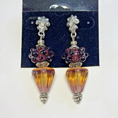 Pendientes colgantes de cuentas de vidrio facetado lágrima naranja púrpura joyería victoriana Foto 1 de 2