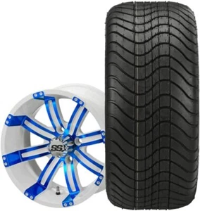 12" Casino White & Blue Golf Cart Wheels and Tires Combo (215/50-12) Set of 2 - Picture 1 of 3