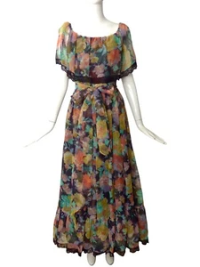 VICTOR COSTA-1970s Floral Chiffon Print Evening Dress, Size 4 - Picture 1 of 5
