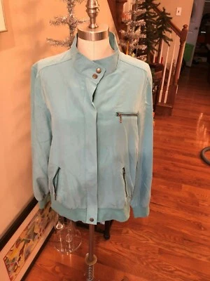 Ladies sz 14 jacket in mint green rayon/polyester by NortonStudio. zip front. - Image 1 of 4