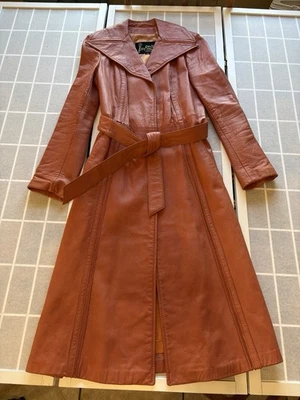 Винтажный 70-х Imperial сожгли оранжевый кожаный плащ куртка подпоясанный почти новый Sz M - Изображение 1 из 4