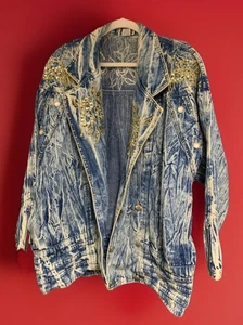 Ultra Vintage Acid Wash Denim Jeansjacke XL Glitzer Nieten Stickerei Reißverschluss Bündchen SCHÖN - Bild 1 von 21