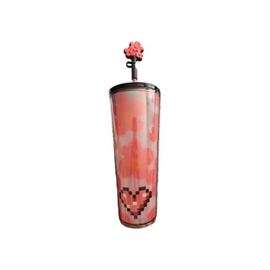 Starbucks 2025 Valentine Pixel Heart Cold 24 oz Tumbler Flower Topper, Neu mit Etikett - Bild 1 von 5