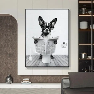 Funny Dog on the toilet reading newspaper Canvas Poster Wall Art Bathroom Decor - Picture 1 of 8
